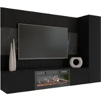 Mirjan 24 Wohnwand Deromi VI, Wohnzimmer Möbel Set, mit Kamin, Griffloses Öffnungssystem push to open, 3er-Set (Farbe: Schwarz / Schwarz + Schwarz Marmor)