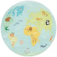 Little Olly Kinderteppich Rund | Globe Hellblau | Ø 160cm | Blau | Baumwolle | Rund