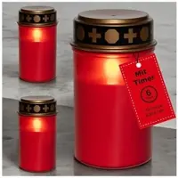 Novaliv LED Grablichter mit Batterie und Timer 6/18 rot 3x Kerzen Friedhof Grablicht LED mit Batterie Friedhofskerze LED Kerze Outdoor Gedenkkerze Grablaterne Ewiges Licht Trauerkerze