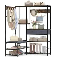 Costway Eck Garderobenständer mit Sitzbank & Schuhregal, Eck Garderobe mit 5 Ablagen, 2 Stoffschubladen & 7 Haken, Kleiderständer, 107 x 99 x 152 cm