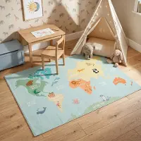 Little Olly Kinderteppich | Globe Hellblau | 120x170cm | Blau | Baumwolle | Rechteckig | Kinder Teppich | Kinderzimmer