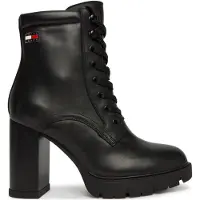 Tommy Hilfiger High-Heel-Stiefelette TOMMY JEANS "TJW LACE UP HIGH HEEL BOOTS", Damen, Gr. 39, Synthetik Textil, schwarz, Leder, Schuhe High-Heel-Stiefelette, Blockabsatz, Schnürstiefelette mit Logoflag
