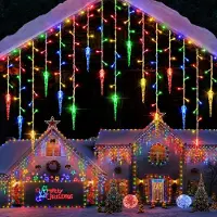 Lapamax LED Eiszapfen Lichterkette Eisregen Lichtervorhang Weihnachtsbeleuchtung 8 Modus für Außen Weihnachten Traufe Fenster Deko, Bunt