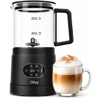 Olvy Elektrischer Milchaufschäumer aus Glas 4-in-1, 500 W, Temperaturanzeige, 160 ml Milchschaum, 400 ml Milcherhitzung, Heiß- & Kaltschaum, Schwarz
