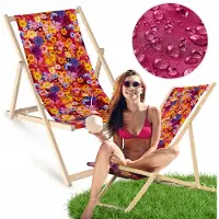 AllBags Liegestuhl klappbar aus Holz mit rot-orangefarbenem Blumenmotiv – Klappstuhl Klappliege Sonnenstuhl Strandstuhl Gartenliege