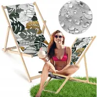 AllBags Liegestuhl klappbar aus Holz mit Monstera-Motiv in Weiß, Grün und Gold – Klappstuhl Klappliege Sonnenstuhl Strandstuhl Gartenliege