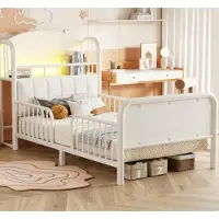 Xdovet Kinderbett, Einzelbettgestell, gepolstertem Kopfteil mit Ablagefach LED-Lichtleiste Modernes Schlafzimmermöbel 90 x 200 cm