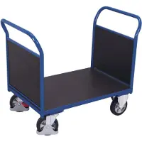Schäfer Shop Doppel-Stirnwandwagen, Stahl/Siebdruckplatte, Enzianblau/Dunkelbraun, L 995 x B 700 mm, Sperrholz-Stirnwände, Vollgummi-Rollen mit EasySTOP, 1000 kg