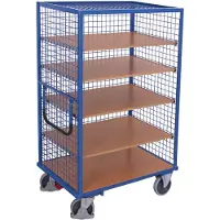 Variofit Etagenwagen, außen vergittert mit Schiebebügel und 5 Ladeflächen 1045x685mm Enzianblau RAL 5016