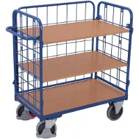 Variofit Dreiwandwagen, niedrig und vergittert mit 3 Etagen 1200x800mm Enzianblau RAL 5016