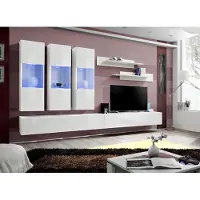 AEA Wohnzimmer RTV Hänge Vitrine Wohnwand Holz Design Weiß Modern Set 7tlg.