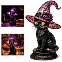 Dopwii Halloween Nachtlicht Hexenkatze, gotische Katzenfigur mit Hexenhut, LED Deko Leuchte fš¹r Halloween, Party und Wohnraum
