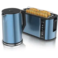 Arendo Frühstücksset Wasserkocher ELEGANT 1,5 l mit 2000 W und Toaster FRUKOST für 4 Scheiben, aufeinander abgestimmt in Edelstahl, modernes Design, Küchenset, 2 Geräte, blau
