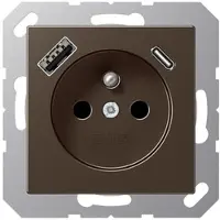 JUNG A1520F-15CAMO Steckdose, französisch/belgisches System, 16 A 250 V ~, mit USB-Ladegerät, 1 x Typ A + 1 x Typ C, Safety Plus, Serie A, mokka