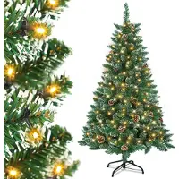 UISEBRT Künstlicher Weihnachtsbaum mit Beleuchtung 150cm LED Weihnachtsbäume Tannenbaum Dekobaum mit Lichterkette und Ständer Grün PVC mit Schnee-Effekt & Kiefernzapfen