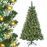 XMTECH LZQ 210cm PVC Künstlicher Weihnachtsbaum mit Warm Beleuchtung LED Tannenbaum mit Schnee & Kiefernzapfen Metallständer