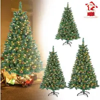 XINZI 150cm Künstlicher Weihnachtsbaum PVC Grün – Mit LED, Schnee-Effekt & Kiefernzapfen, inkl. Ständer, perfekte Weihnachtsdeko