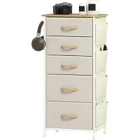 HOMCOM Kommode Schrank mit 5 Schubladen aus Vliesstoff Haken Seitentasche Beige