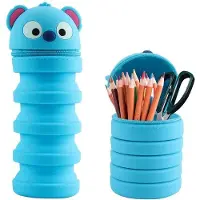 Benza Ibenzoa Teleskop-Federmäppchen aus Silikon – verstellbar 12–19,5 cm, Cartoon-Stifteetui für Kinder, Blau, 6,5×6,5×12–19,5 cm, 1 Stück