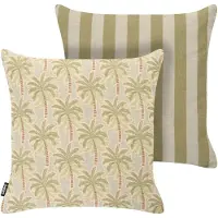 Beliani Gartenkissen 2er Set Beige u. Grün Polyester Leinen 45 x 45 cm Quadratisch Palmenmotiv Pflanzenmuster Moderner Stil Outdoor Kissen