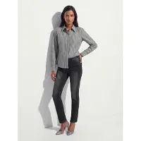 MADELEINE Hemdbluse "Bluse Hemdbluse mit Streifen und Strass", Damen, Gr. 34, bleigrau, weiß, Modern, regular fit, V-Ausschnitt, Blusen Hemdbluse