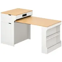 OKWISH Kücheninsel mit Ausziehbare Tischplatte und Steckdosenleisten, Bartisch mit zwei Schubladen und Rollen, Sideboard in Weiß