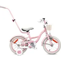 Sun baby Flower Bike Kinderfahrrad für Mädchen 14 Zoll, ab 3 Jahre, mit Stützrädern, abnehmbarer Schubstange, Korb, Klingel, Rücktrittbremse & V-Brake