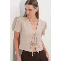 Big Dart Strukturiertes V-Ausschnitt Leinen-Mix Crop Top