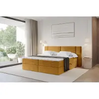 ALTDECOR Boxspringbett - H3 Matratze und Topper - EVON - 200x200 - Senfgelb - Doppelbett, Boxbett, Polsterbett mit Bettkasten mit Stauraum und Kopftei