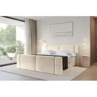 ALTDECOR Boxspringbett mit Fußteil - H4 Matratze und Topper - EVON-Z - 160x200 - Beige - Doppelbett, Boxbett, Polsterbett mit Bettkasten mit Stauraum und Kopftei