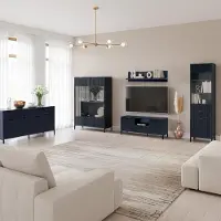 Lomadox Wohnwand Indigo blau LAURO-161 modern mit Rillenoptik 5-teilig
