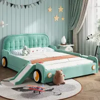 TavilaEcon Blaugrünes Autobett für Kinder mit Rutsche und Treppe, links/rechts anpassbar, Kuschelpolster und Fallschutz im Kinderzimmer, Maße: 140x200 cm