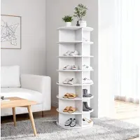 MODFU Drehschuhregal aus PVC in Weiß, 60x60x161 cm, 7 Ebenen, 360° drehbar, platzsparend