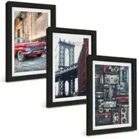 Tulup BILDER SET 3er Set - 20x30 cm Schwarzer Rahmen - Alte Autobrücke Brooklyn Retro-Audio