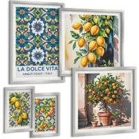 Tulup BILDER SET 5er Set - 50x50 cm & 20x30 cm & 40x60 cm Silberner Rahmen - Zitronenlimonade blaue Tür