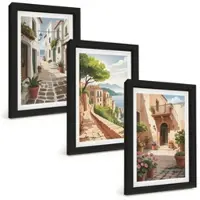 Tulup BILDER SET 3er Set - 20x30 cm Schwarzer Rahmen - Straßen, Häuser, Pflanzen, Töpfe
