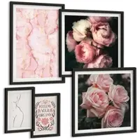 Tulup BILDER SET 5er Set - 50x50 cm & 20x30 cm & 40x60 cm Schwarzer Rahmen - Vintage-Rosen-Marmorträume