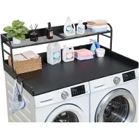 Vevor Arbeitsplatte für Waschmaschine & Trockner (137 x 69,9 cm) mit Ablage & 2 Schubladen & Haken, für Wäscheschrank Speisekammer Küchentheke, 113 kg Belastbar, Schwarz, Ablagefläche für Waschmittel
