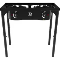 Project Gaskocher mit 2 Kochfeldern, 9 kW, 4 Füße, Gusseisenbrenner, höhenverstellbar (3 Höhen) – für den Außenbereich, 74,5 x 40 x H80 cm, Piezo-Zündung