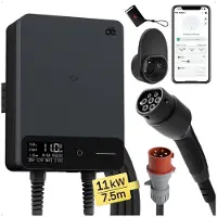 De Wallbox Typ 2 11 kW mit APP &amp; RFID – 3-phasige Elektroauto-Ladestation 400 V, 6–16 A, 7,5 m Ladekabel mit Kabelhalter – RCD Typ B &amp; Schutzart IP54, effiziente Heimladestation, schwarz