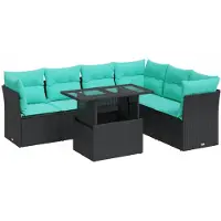 vidaXL 7-tlg. Garten-Sofagarnitur mit Kissen Schwarz Poly Rattan Akazie