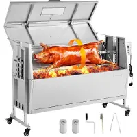 Vevor Lammgrill 38 W 60 kg 1168,4 mm Drehspieß Spanferkelgrill Edelstahl für Garten und Terrasse, 4 Höhenstufen, Feststellbare Räder, mit Grillzange Faltbarem Deckelschutz Bürsten und Gewürzbehälter