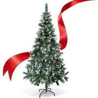 Eikuavons 180cm Künstlicher Weihnachtsbaum mit 500 Spitzen PVC, Tannenbaum mit Ständer, Christbaum Kunstbaum mit Tannenzapfen und Schnee Grün
