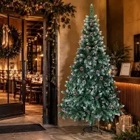Eikuavons Künstlicher Weihnachtsbaum 210 cm Grün mit 35 Tannenzapfen und Schnee-Effekt, 750 Zweigspitzen, PVC, Metallständer