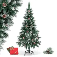 Peviasot Weihnachtsbaum 150cm künstlich, beschneite Kunsttanne mit 20 Tannenzapfen, 300 Zweigspitzen und Metallständer