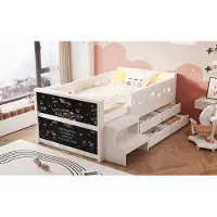 OKWISH Kinderbett 90×200 mit Einer kreativen Kreidetafel, Einzelbett mit 4 Schubladen und Trittstufe, Tagesbett in Weiß,ohne Matratze