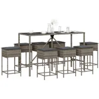 vidaXL 9-tlg. Gartenbar-Set mit Kissen Grau Poly Rattan