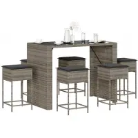 vidaXL 7-tlg. Gartenbar-Set mit Kissen Grau Poly Rattan