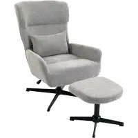 Dopwii 360° drehbarer Loungesessel mit Hocker, höhenverstellbar, Chenille-Bezug, mit Lendenkissen, Cremeweiß