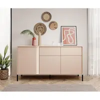WFL GROUP Skandinavisches Sideboard mit LED Beleuchtung – Moderne Kommode 153x81x40 cm Beige – viel Stauraum – Minimalistische Push-to-Open Türen & Schubladen – Stilvolle Metallfüße – DONNA Set